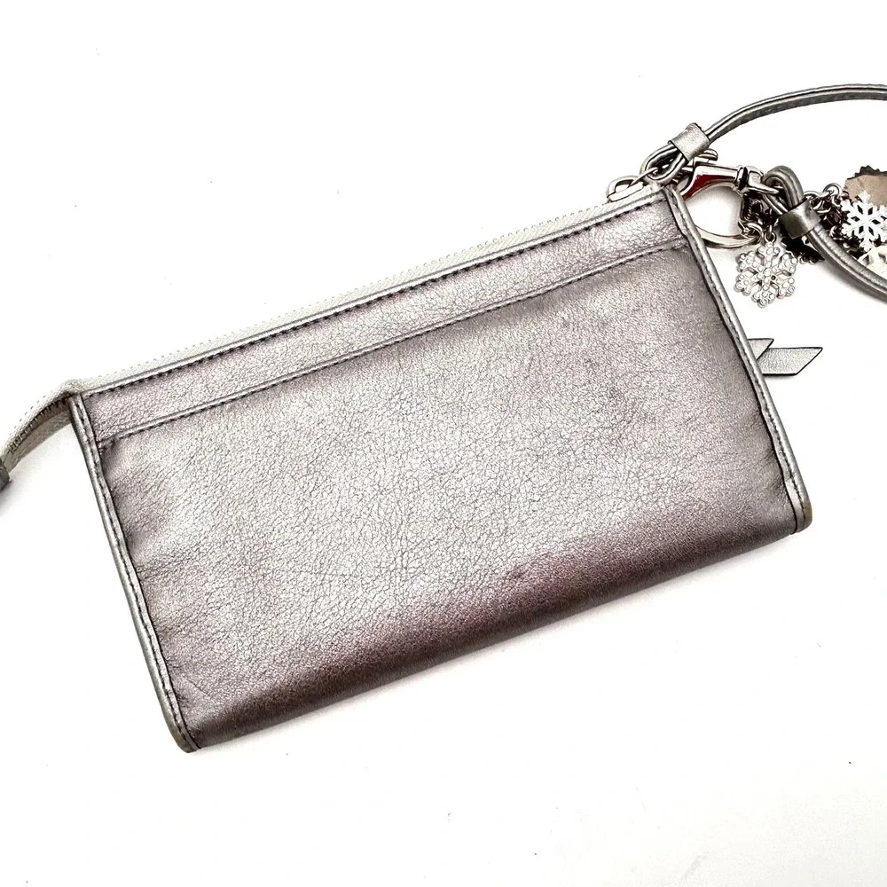 Coach Metallic Silver Leather Wristlet Snowflake Charm Striped Lining Clutch